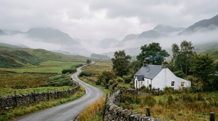Obraz premium Remote Scottish cottage nestled in misty highlands with winding road and stone walls