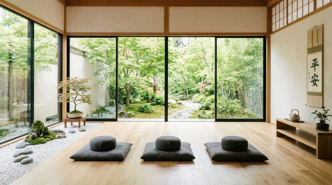 Serene Japanese meditation room with garden view and zen cushions