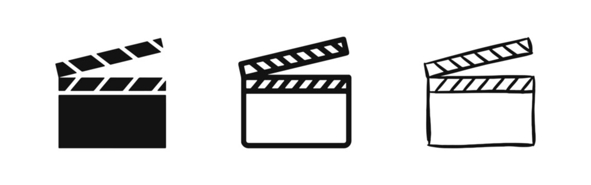 Film Movie Clapperboard Production Icon Set in Solid, Outline and Hand Drawn Styles
