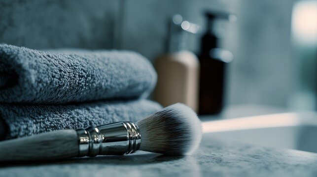 Towels and a makeup brush on a bathroom counter during the morning routine