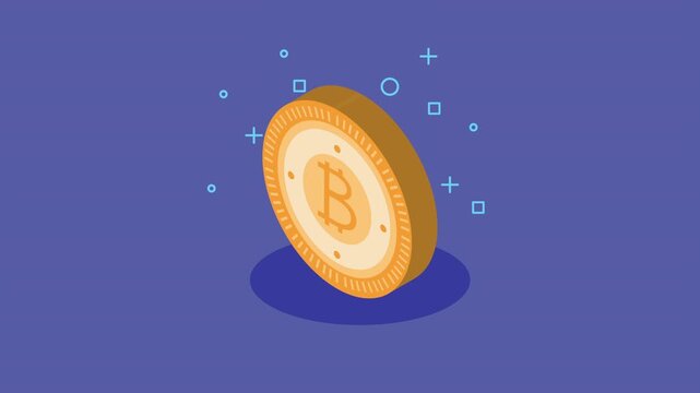 Golden bitcoin coin rotating in digital space with abstract geometric shapes.