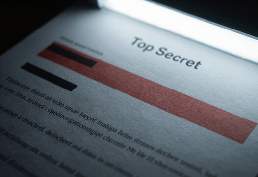 dramatic reveals top secret document bathed harsh fluorescent light black redaction boxes starkly contrasting pale paper