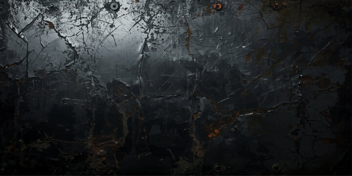 A dark grunge wall background with scratches and an old textured surface features an abstract black pattern of smoke and clouds under a blue night sky