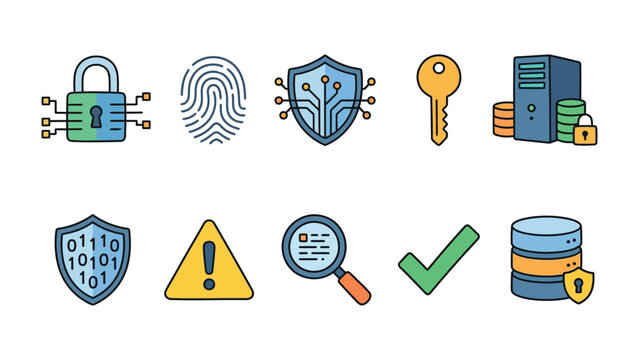Digital Security Icons: An array of digital security icons including lock, fingerprint, shield, key, and server, symbolizing cybersecurity concepts and protection.