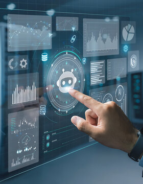 Businessman hand touching AI chatbot interface with holographic data analytics dashboards and virtual charts over blurred server room background