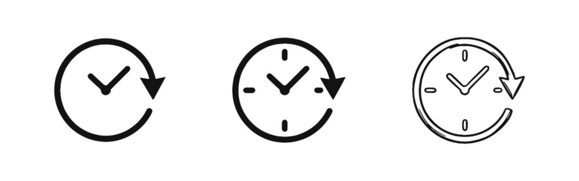 Time History and Recent Icons, Clock with Circular Arrow in Various Design Styles