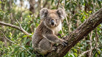 Fototapeta premium Cute Koala Sitting on Eucalyptus Tree Branch in Australian Bushland