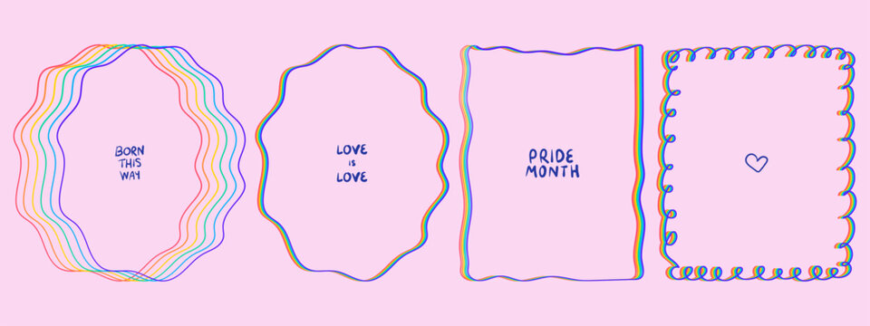 Pride Month vector social media banner set. Four frames with rainbow wavy outlines containing messages "BORN THIS WAY", "LOVE IS LOVE", "PRIDE MONTH", and a heart icon, isolated on a light pink backgr