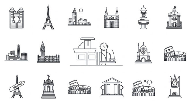 Black and white landmarks from around world.