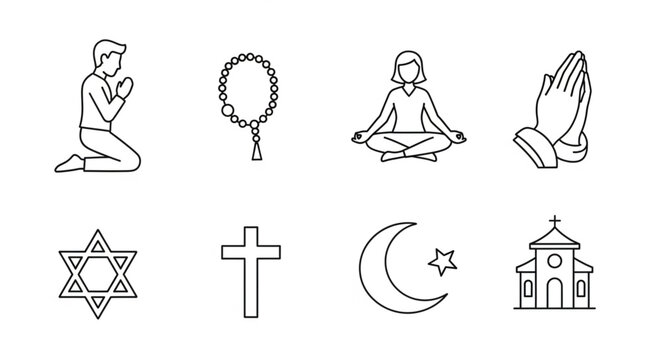 Religious symbols and prayer icons.