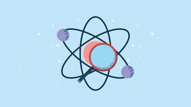 Atomic structure animation with magnifying glass investigating nucleus and electrons in motion for science research concept.