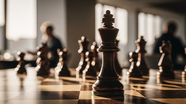 Strategic chess game in progress with focus on the king piece on a wooden chessboard in a well-lit room with blurred background of players and large windows