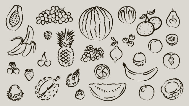 Big collection of fruit in crayon doodle style. Hand drawn minimalist fruits and berries like banana, pineapple, watermelon, grapes and papaya with blue ink texture for organic food menu and pac