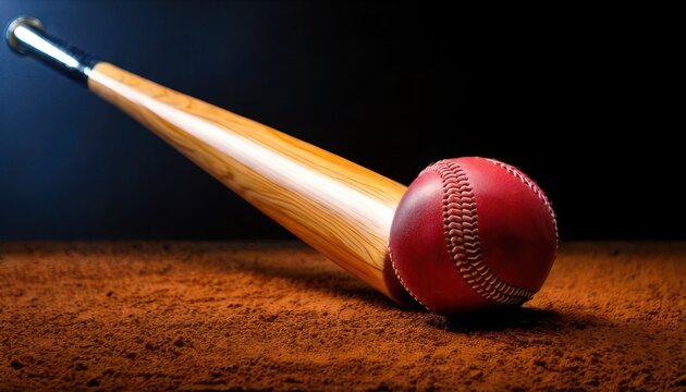 Baseball bat and red baseball on a brown surface.