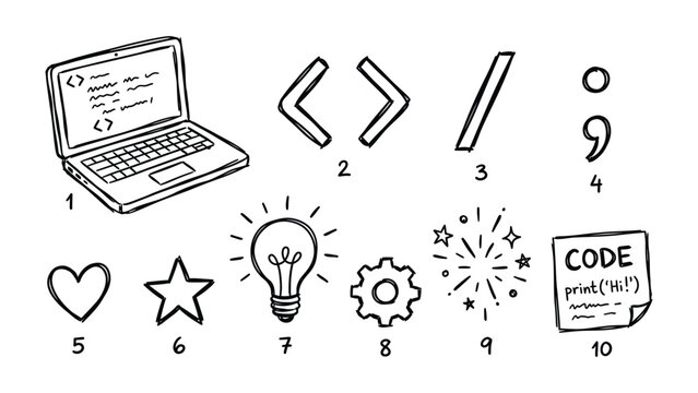 Coding Concept and Design: A creative illustration featuring a laptop alongside coding symbols, spark, and other design elements, representing ideas, concepts, and innovation.