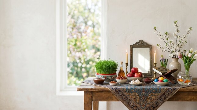 Traditional Nowruz Celebration Background featuring Haft-Seen Table with Spring Elements and Soft Natural Sunlight
