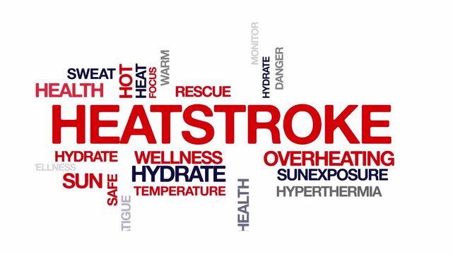 Heatstroke concept Animated Tag Word Cloud kinetic typography, Text Design Animation typography seamless loop video motion graphics Intro Wordart tagcloud arrangement red grey type on white background