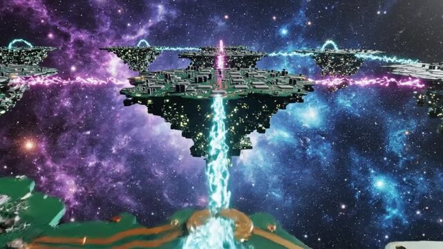 Futuristic Space Station Orbiting Colorful Nebula Galaxy, Sci-Fi Technology