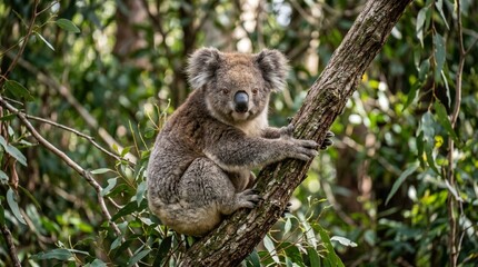 Fototapeta premium Cute Koala Sitting on Eucalyptus Tree Branch in Australian Forest