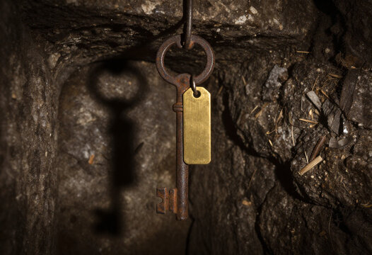 rusty skeleton key blank brass tag swings gently dimly lit eerie stone tunnel captured shot dramatic