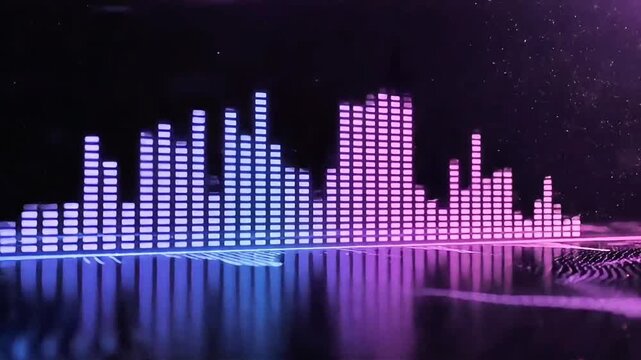 Vibrant sound wave pattern displayed on a screen with purple and blue hues reflecting off water's surface at night