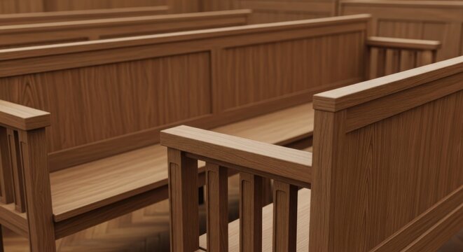 Empty wooden courtroom benches in a formal judicial setting