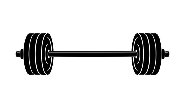 Black barbell silhouette vector icon for gym fitness and workout branding isolated on white background