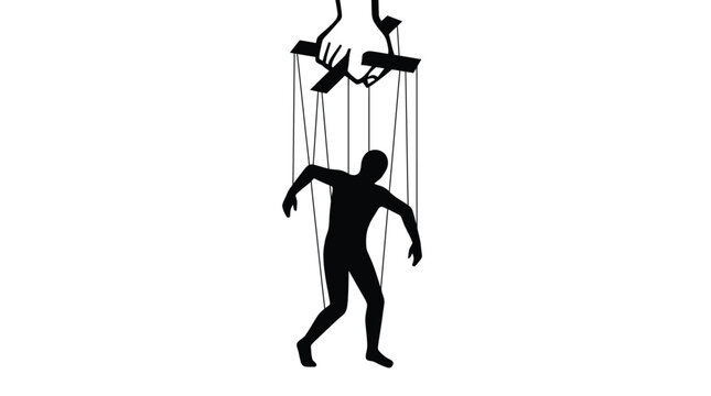 Silhouette of a marionette figure controlled by a puppeteer's hand with strings