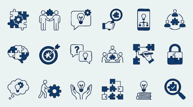 Business solution, problem solving, innovation, and teamwork icon set