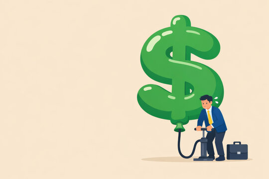 Businessman inflating dollar sign balloon representing inflation