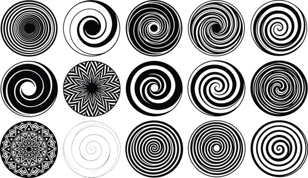 Abstract Spiral Pattern Set Featuring Black and White Swirls, Geometric Designs, and Mandala-Inspired Patterns for Creative and Artistic Illustrations