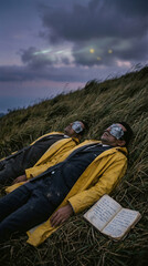 Fototapeta premium Surreal Landscape Scene with Blindfolded Men in Yellow Raincoats Resting on Grassy Meadow under Twilight Sky