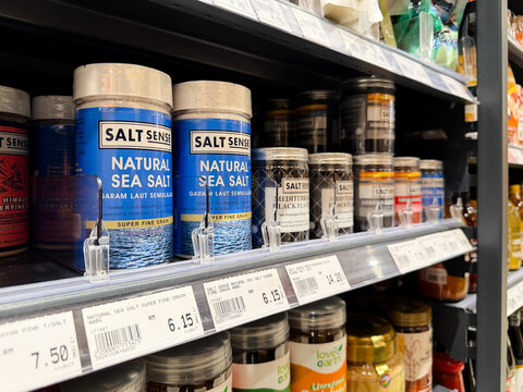 KUALA LUMPUR, MALAYSIA - FEB 01, 2026: Salt Sense natural sea salt jars displayed on supermarket grocery shelf.