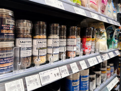 KUALA LUMPUR, MALAYSIA - FEB 01, 2026: Salt Sense seasoning grinders and Himalayan salt products displayed on supermarket grocery shelf.