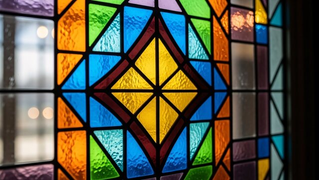 Colorful stained glass window with geometric patterns and vibrant hues creating a beautiful artistic display perfect for home decor or church settings