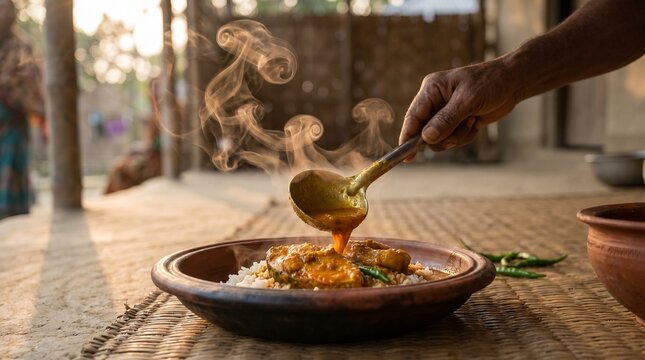 Authentic Bangladeshi Village Meal: Traditional Hilsa Fish Curry (Tenualosa ilisha) with Steamed White Rice served in Clay Bowl on a Jute Mat in Rural Setting.