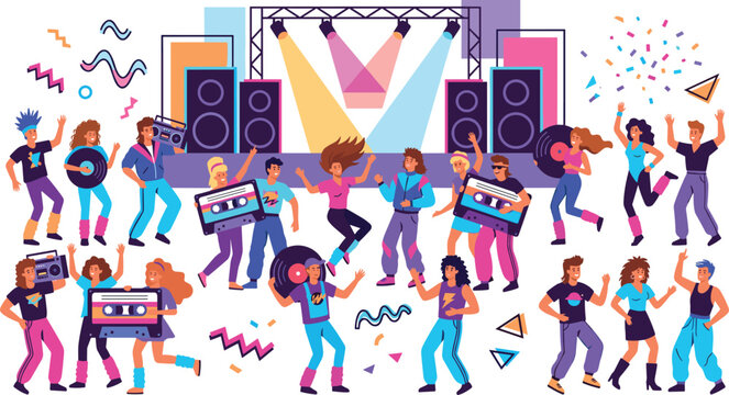 Retro Dance Party Illustration Set Featuring 80s Fashion, DJ Booth, Speakers, and Fun Dance Moves for Party and Music Designs