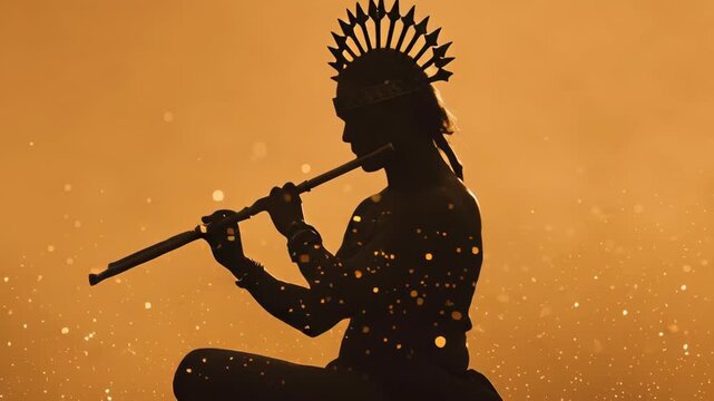 Silhouette of Lord Krishna playing wooden flute in golden ethereal light