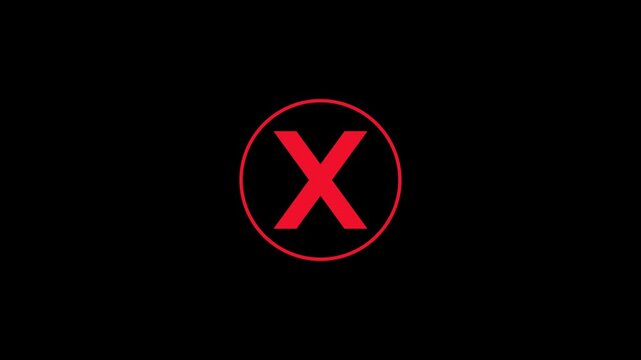 Minimalist animation featuring a bright red "X" inside a thin circle, pulsing with a glowing effect against a solid black background.