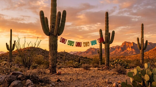 Mexican Cinco de Mayo Celebration Background with Desert Landscape Saguaro Cacti and a Warm Golden Sunset Glow for Festive Designs