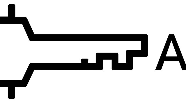 Minimalist API key vector icon illustration featuring a clean black line art style with a key symbol next to an 'A' character, representing authentication, security, and cloud devops access.