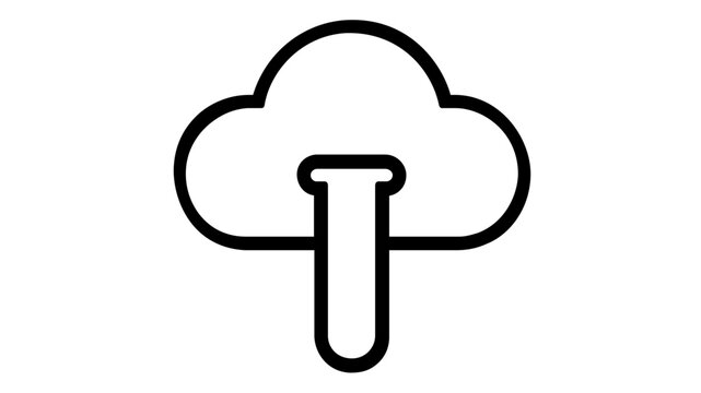 Biotech cloud vector icon illustration featuring a minimalist test tube integrated into a cloud outline. Clean line art design for science, technology, data analysis, and laboratory research.