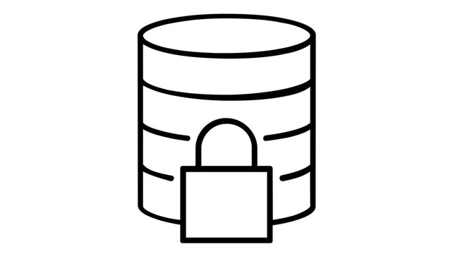 Minimalist vector illustration of a clean line art icon for data privacy and security featuring a padlock over a database cylinder, perfect for cloud computing, devops, and tech software interface.