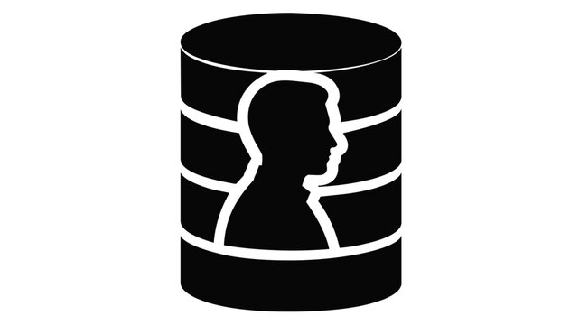 Customer Data Vector Icon Illustration. Minimalist black and white flat design featuring a database cylinder with a user profile silhouette, representing personal information storage and CRM.