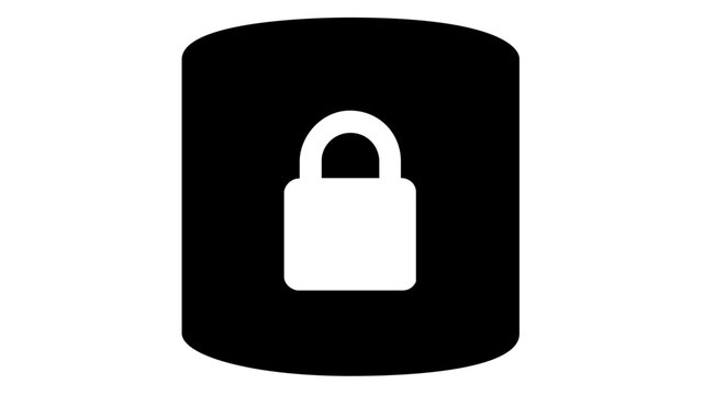 Minimalist vector illustration of a database cylinder with a padlock symbol, representing data privacy, secure cloud storage, information protection, cybersecurity, and server encryption.