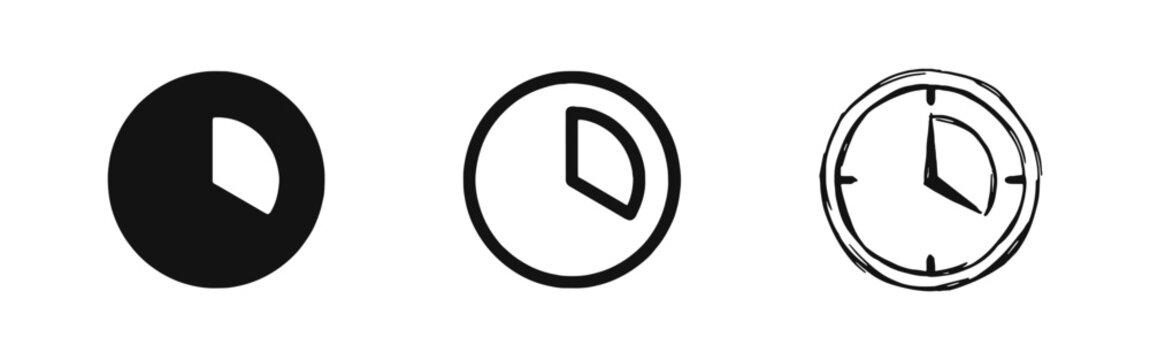 Set of clock time segment icons in flat, outline, and sketch styles