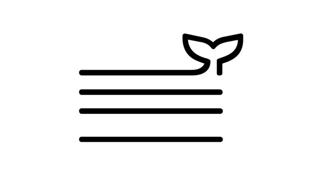 Minimalist vector illustration of a whale tail emerging from horizontal lines, symbolizing Docker containerization, cloud computing, and DevOps technology in a clean, modern black line art style.