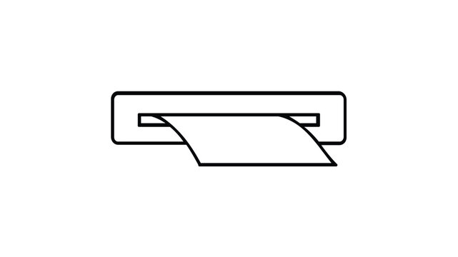 Vector icon illustration of a document passing through a scanner or printer slot. Minimalist black and white line art design for office technology, paper scanning, and digital document management.