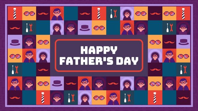Father&rsquo;s Day celebration animation with colorful retro pattern tiles, stylish dad icons, glasses, ties, hats, and bold typography. Fun 4K festive background for greeting videos.