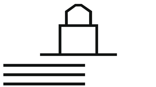 Minimalist vector icon illustration of an encryption layer featuring a black line art padlock sitting on a stack of three horizontal lines, representing secure data storage and cloud security.